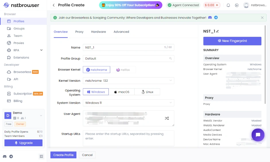 Интерфейс антидетект браузера Nstbrowser