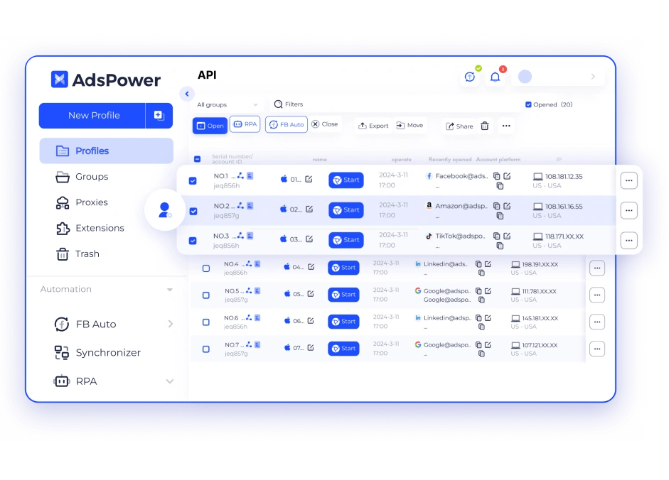 Интерфейс антидетект браузера AdsPower