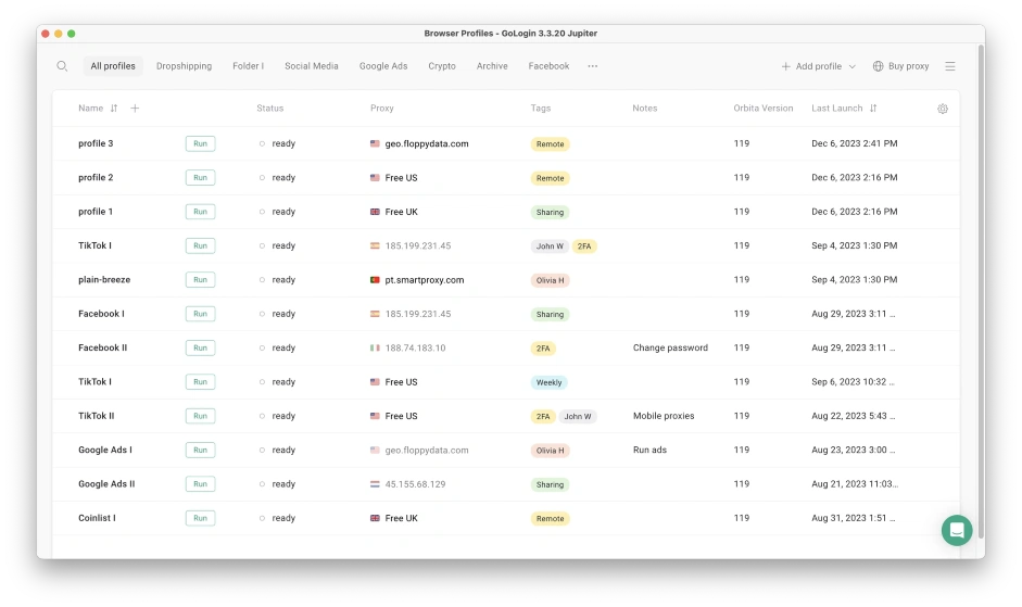 Интерфейс антидетект браузера GoLogin