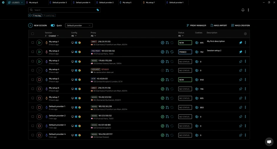 Интерфейс антидетект браузера Linken Sphere