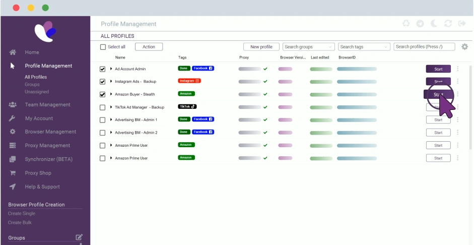 Интерфейс антидетект браузера Incogniton