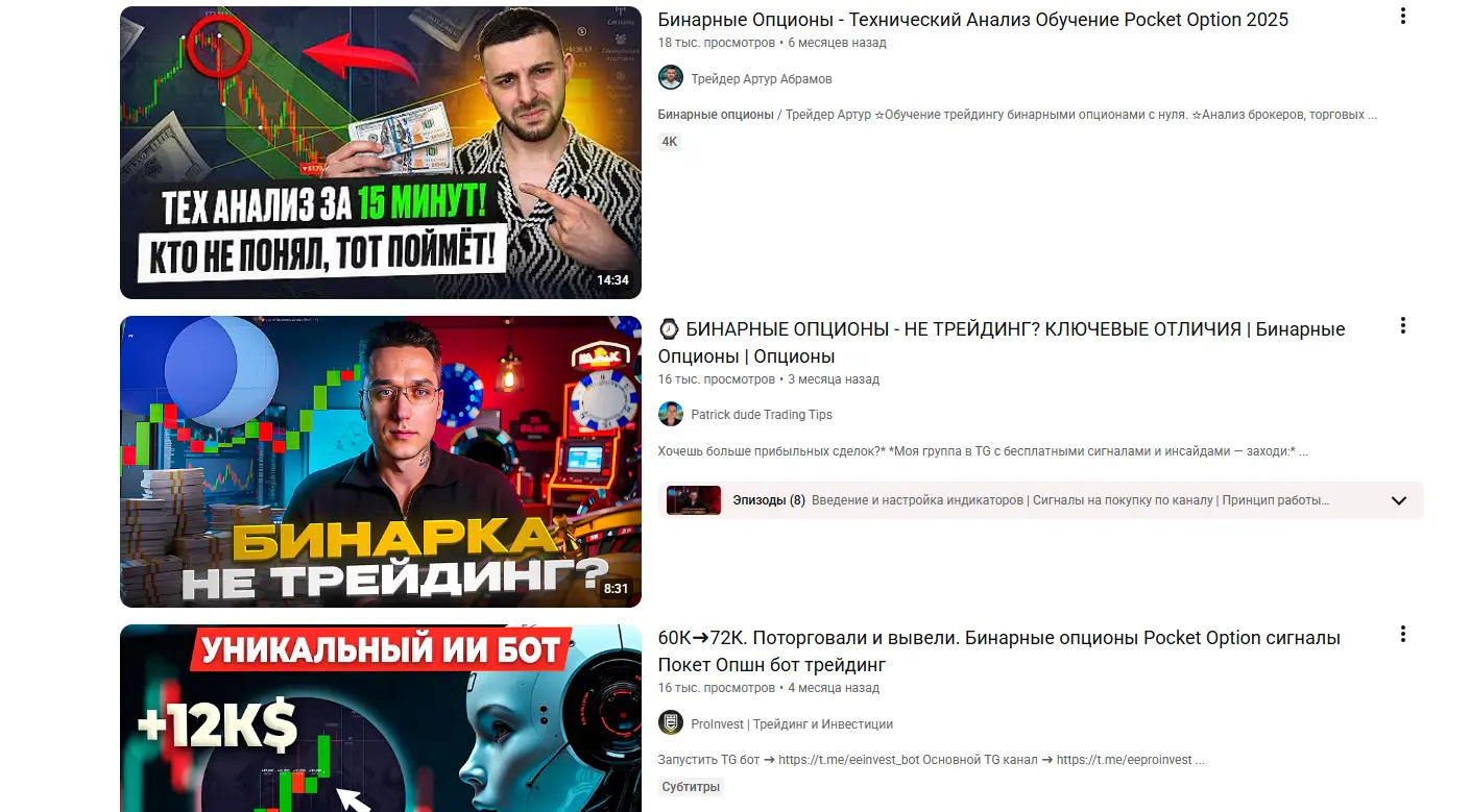 Примеры YouTube-видео о бинарных опционах с обзорами и обучением