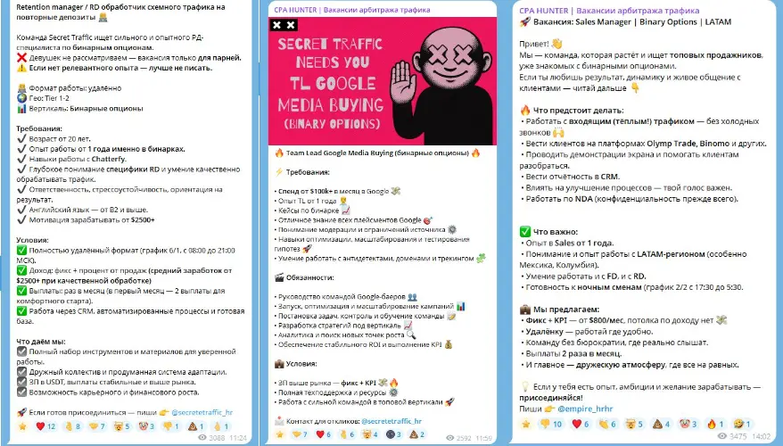 Примеры вакансий и требований в вертикали бинарных опционов для медиабаеров и RD-специалистов