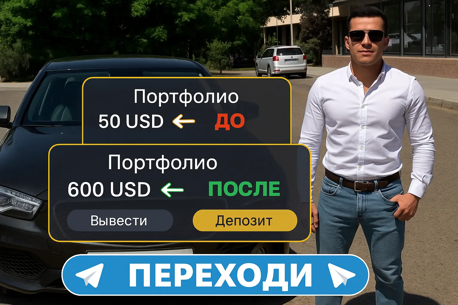 Креатив с мужчиной на улице и сравнением портфеля до и после с призывом перейти в Telegram