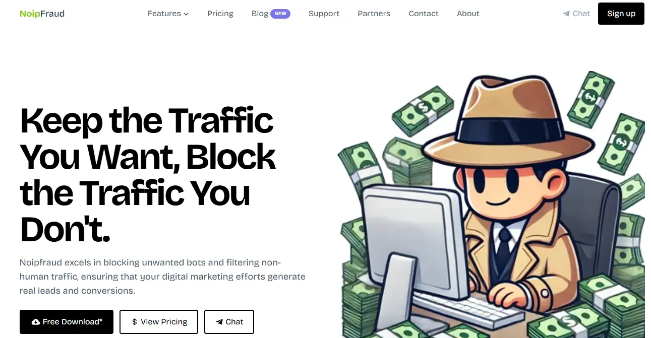 Главная страница сервиса NoIPfraud с иллюстрацией и слоганом о фильтрации трафика