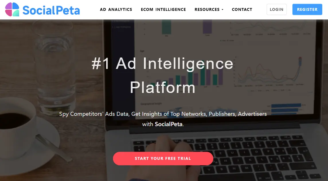 Главная страница SocialPeta с заголовком «#1 Ad Intelligence Platform»