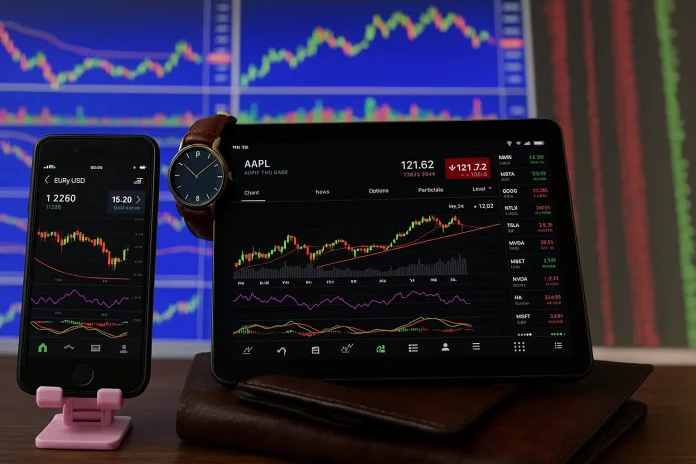 Торговые графики бинарных опционов на планшете и смартфоне на фоне биржевых котировок