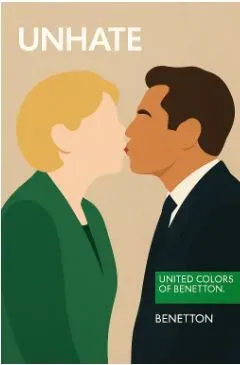 Рекламный постер Benetton Unhate с символическим изображением двух людей в поцелуе