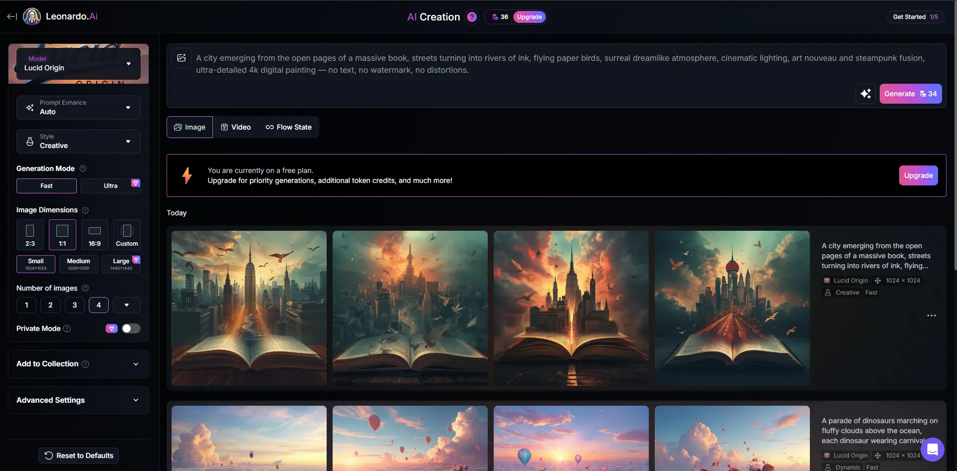 Интерфейс генерации изображений Leonardo AI