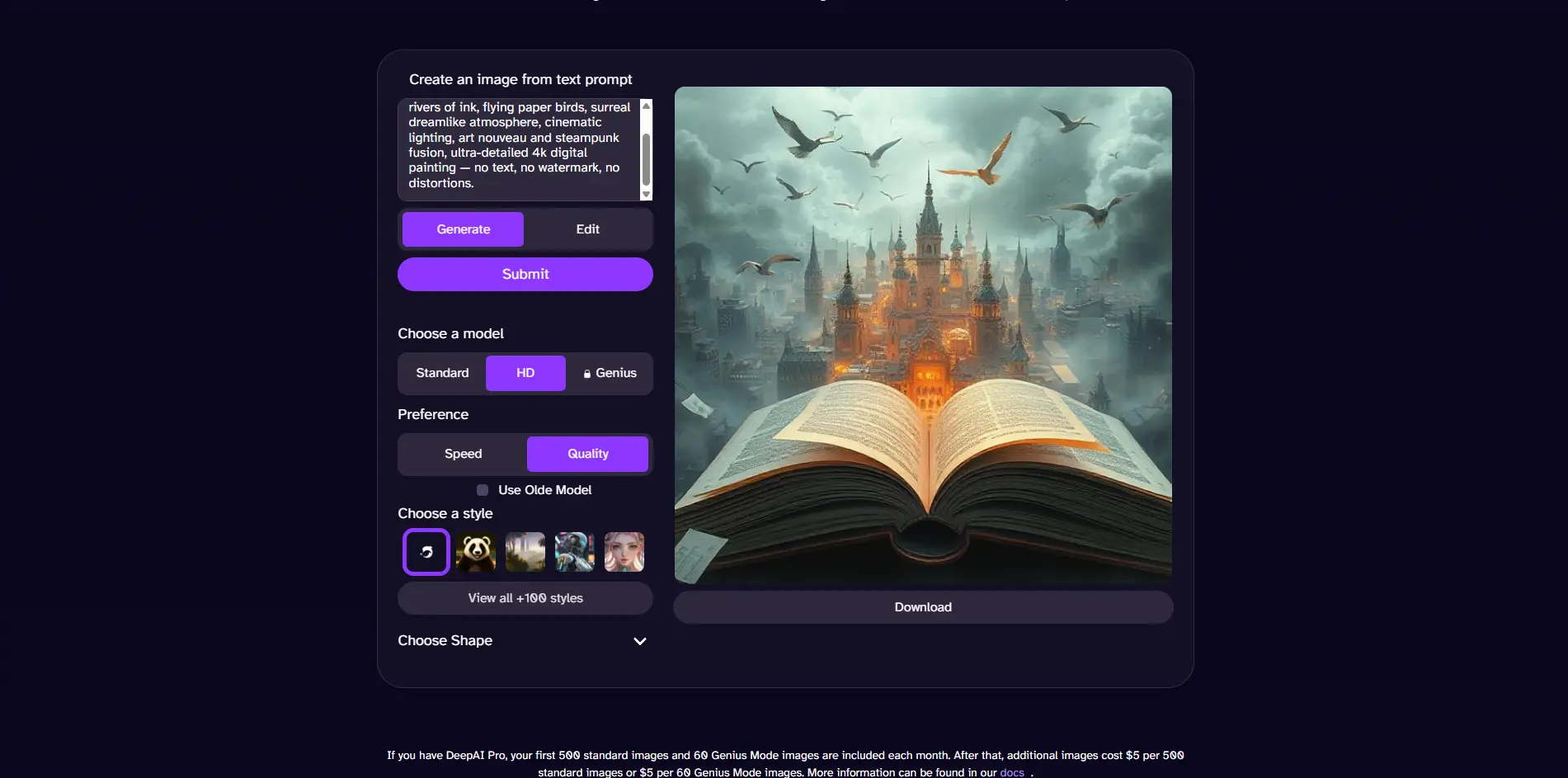 Интерфейс DeepAI с окном генерации и готовым изображением