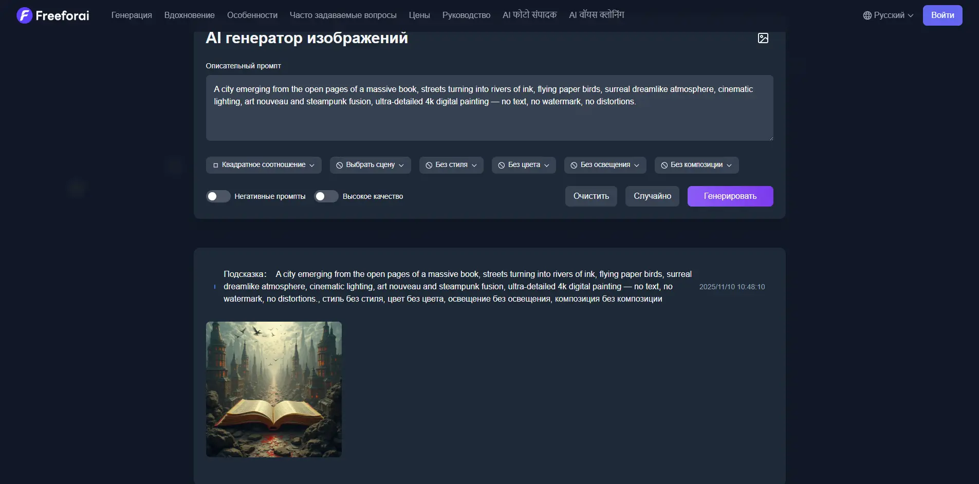 Интерфейс FreeForAI с формой ввода промптов и отображением результата генерации