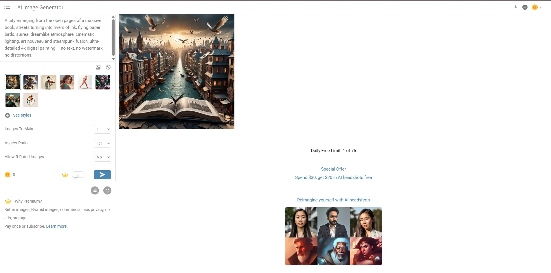 Интерфейс Hotpot AI с предпросмотром сгенерированной иллюстрации