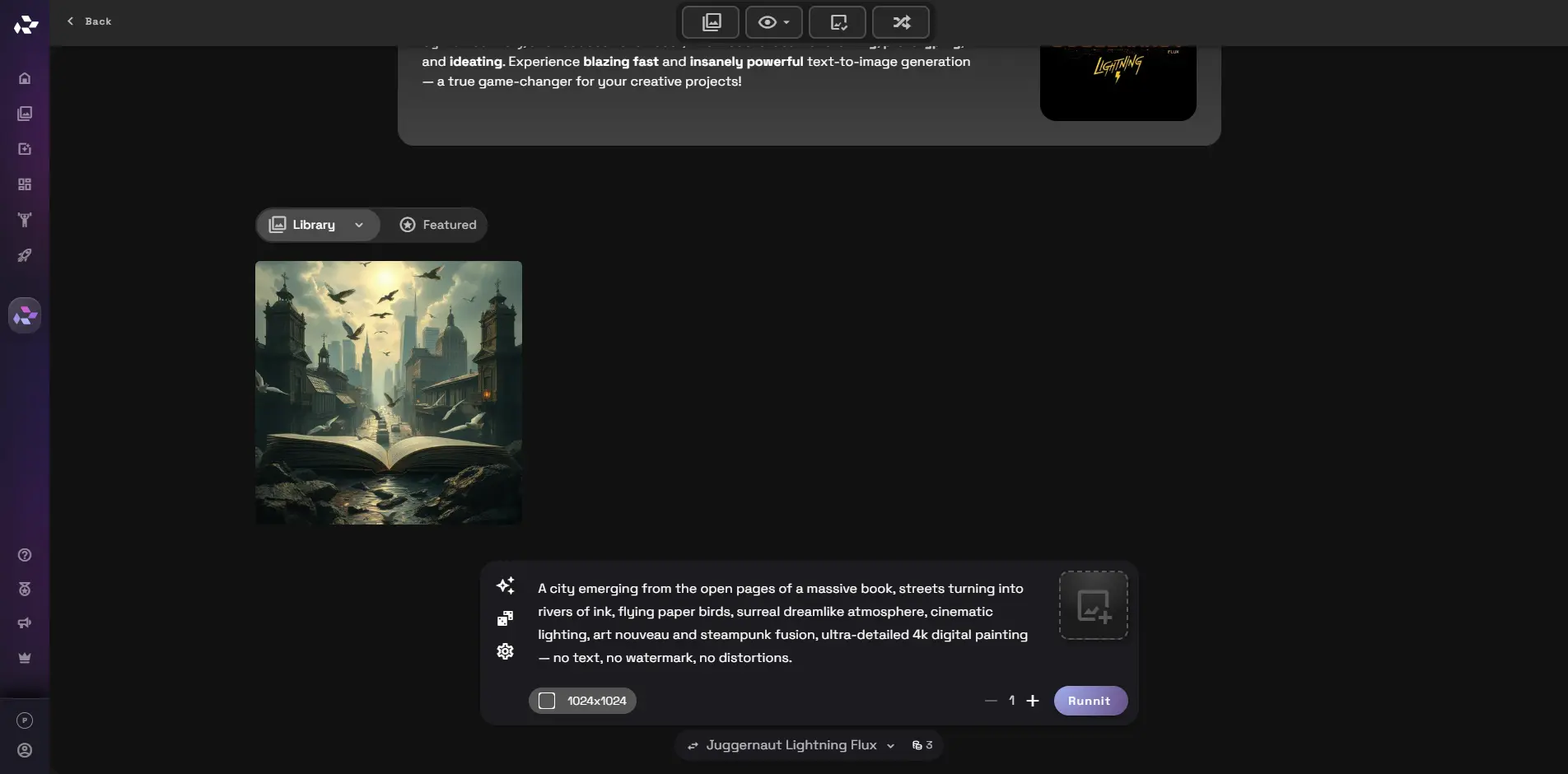 Интерфейс RunDiffusion с отображением результата генерации изображения