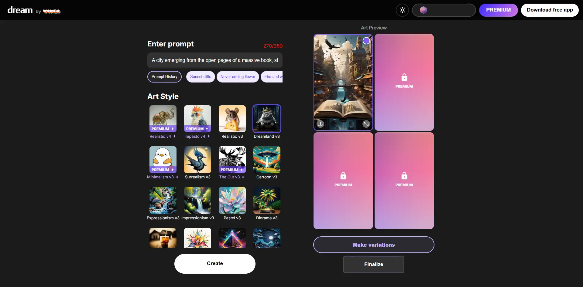 Интерфейс Dream by Wombo с выбором стиля и предпросмотром изображения