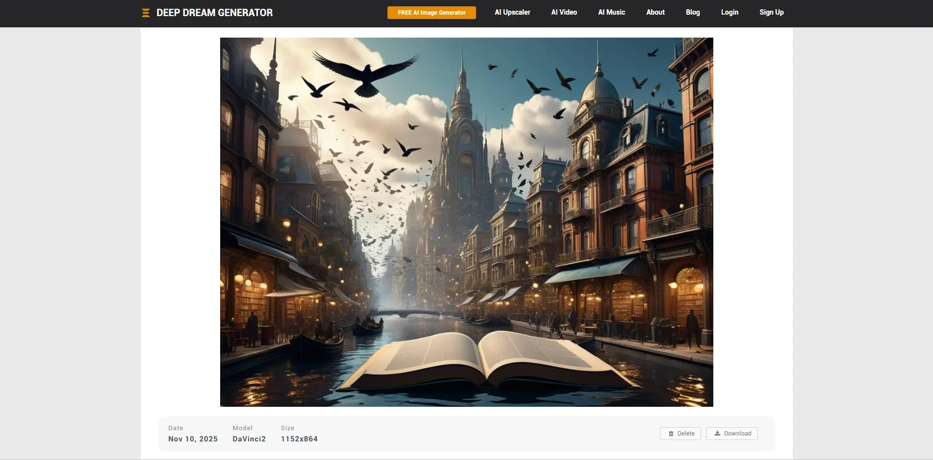 Интерфейс Deep Dream Generator с отображением созданного изображения