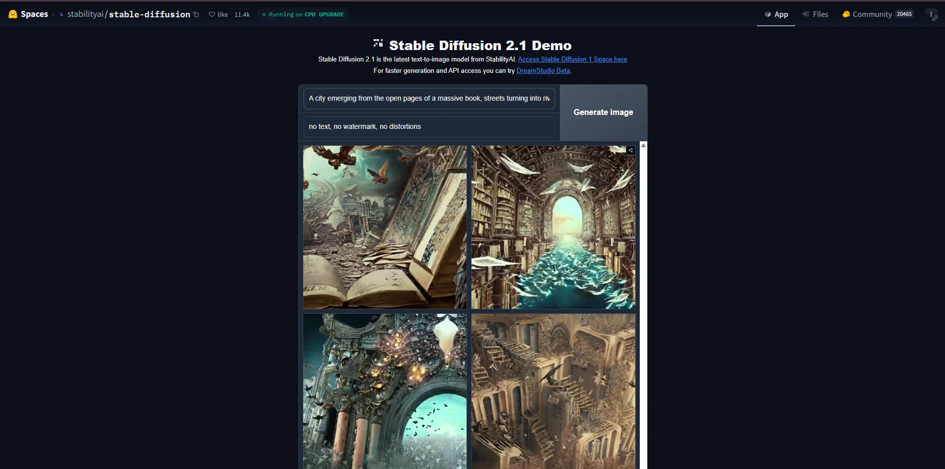 Интерфейс демо Stable Diffusion 2.1 на Hugging Face с примерами генерации