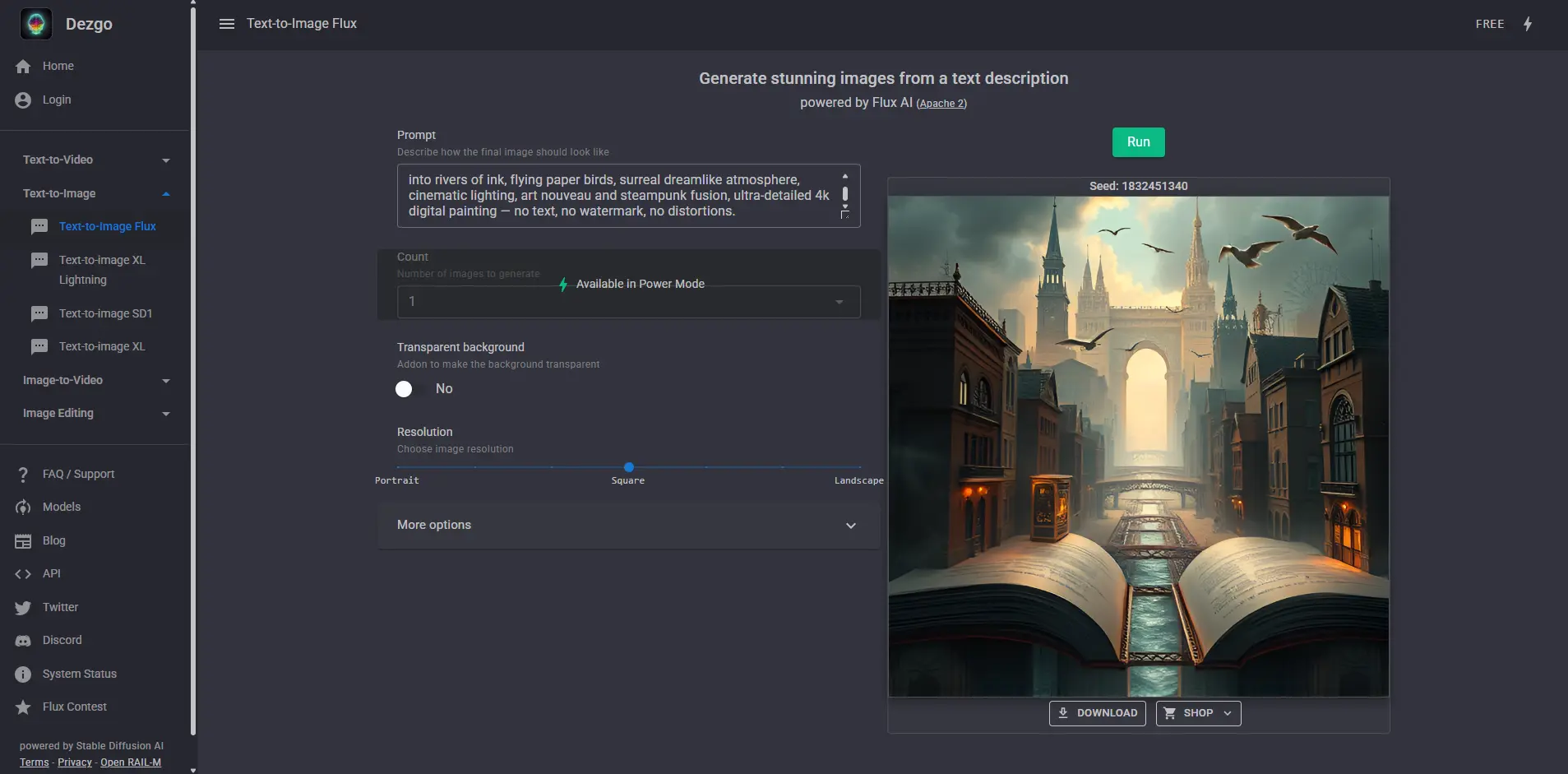 Интерфейс Dezgo AI с полем ввода промпта и готовым изображением