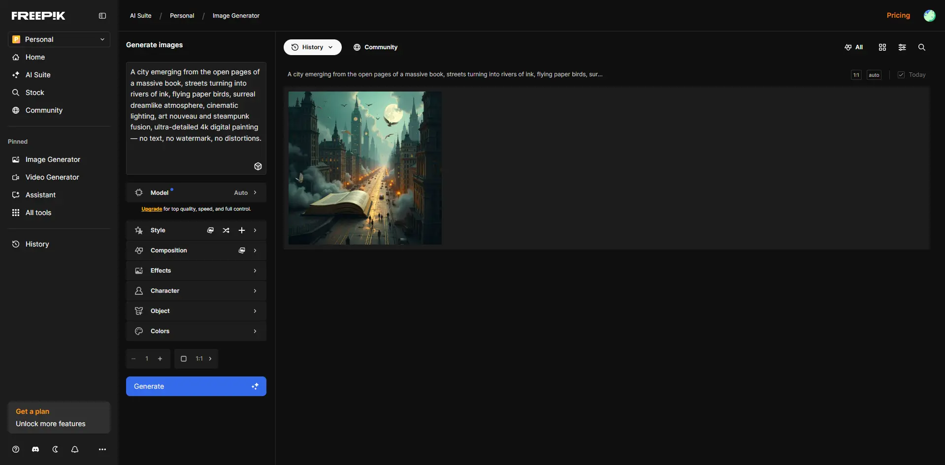 Интерфейс Freepik Pikaso AI с предпросмотром созданного изображения