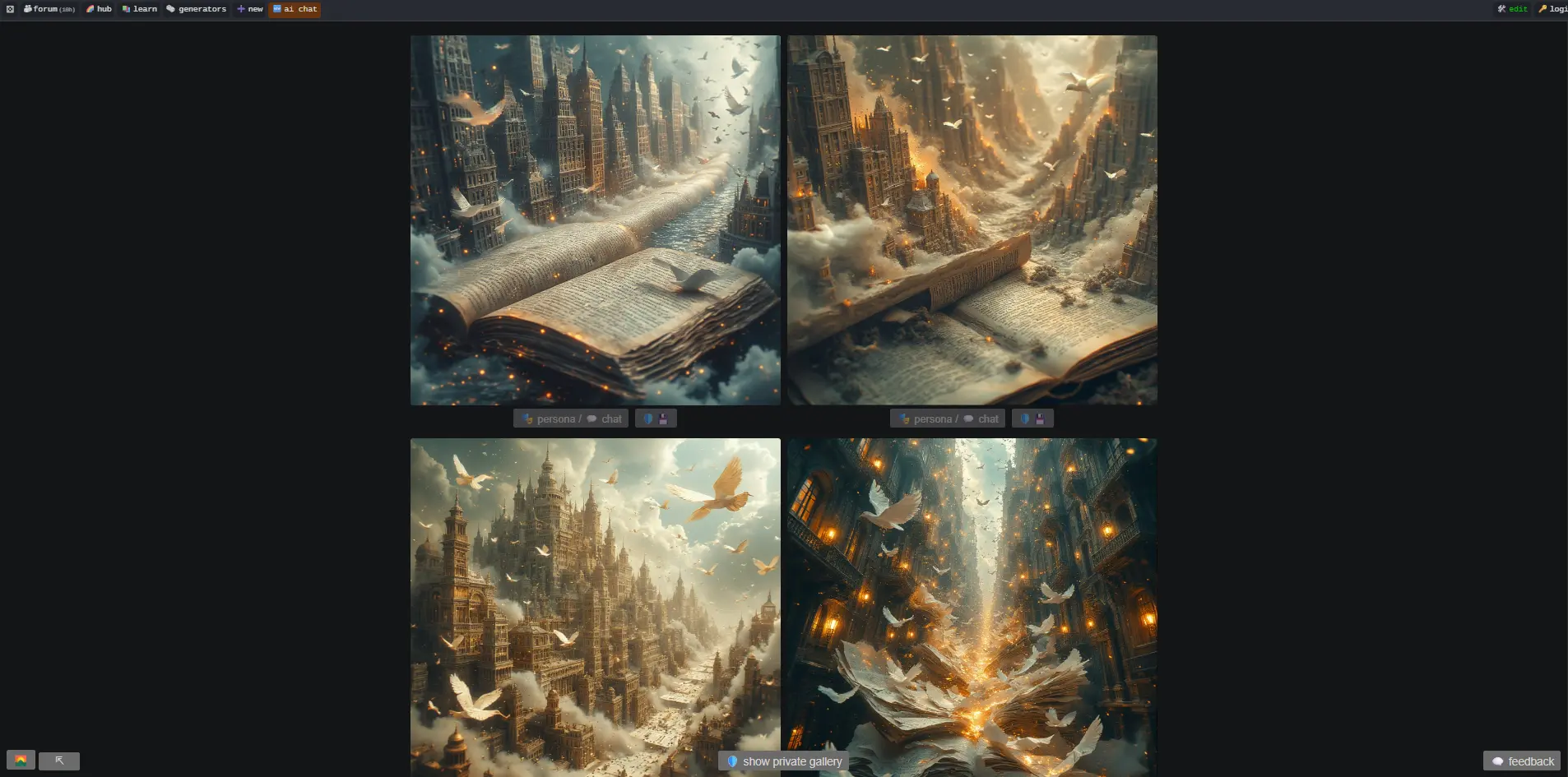 Интерфейс Perchance AI с сеткой сгенерированных изображений