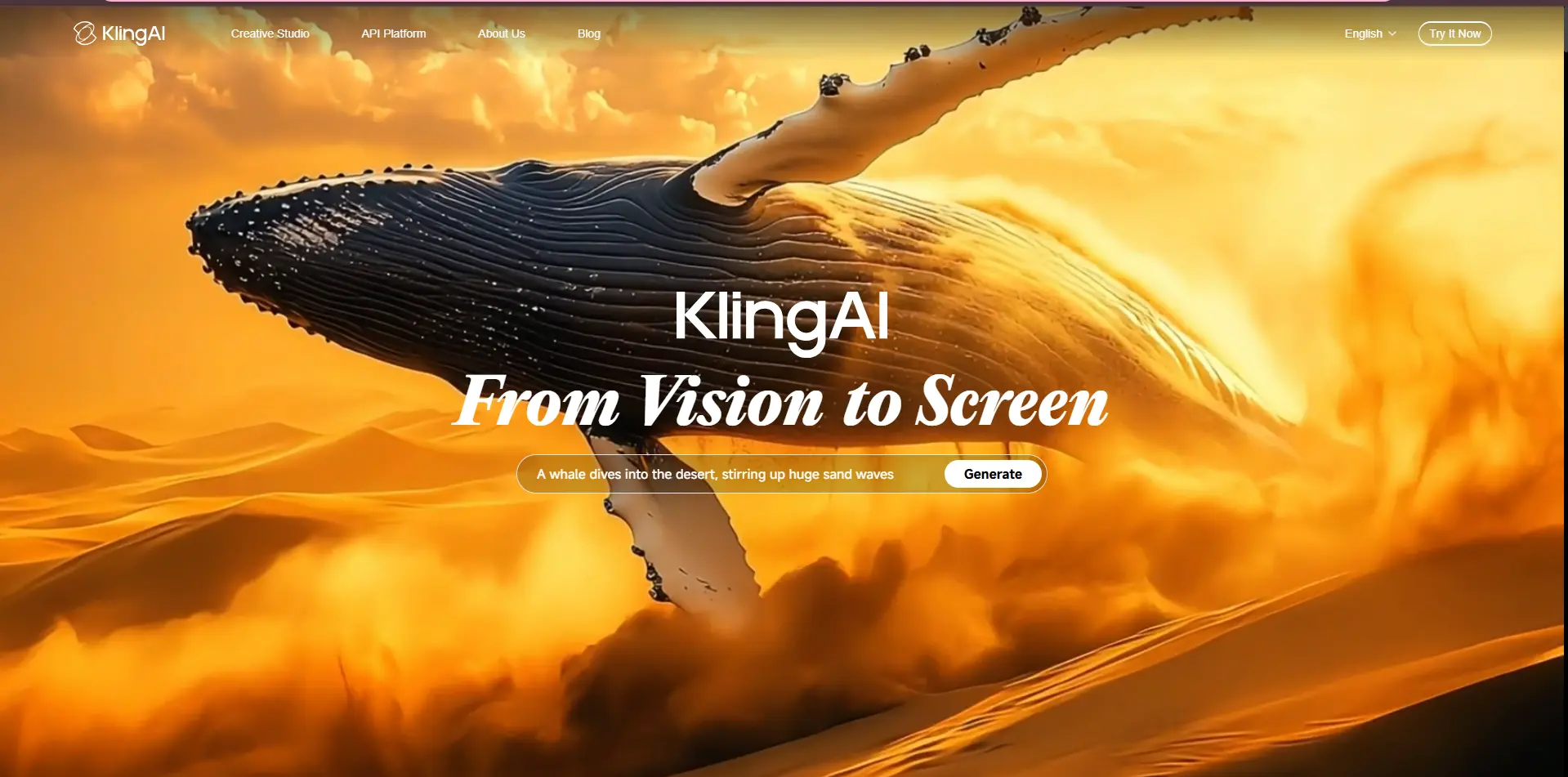 Главная страница KlingAI с визуальным баннером и кнопкой генерации видео