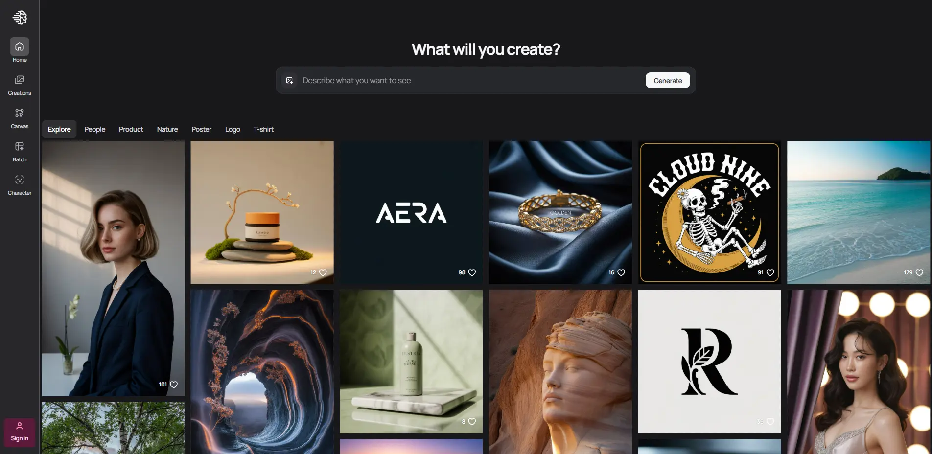 Интерфейс генератора изображений с галереей различных визуальных примеров