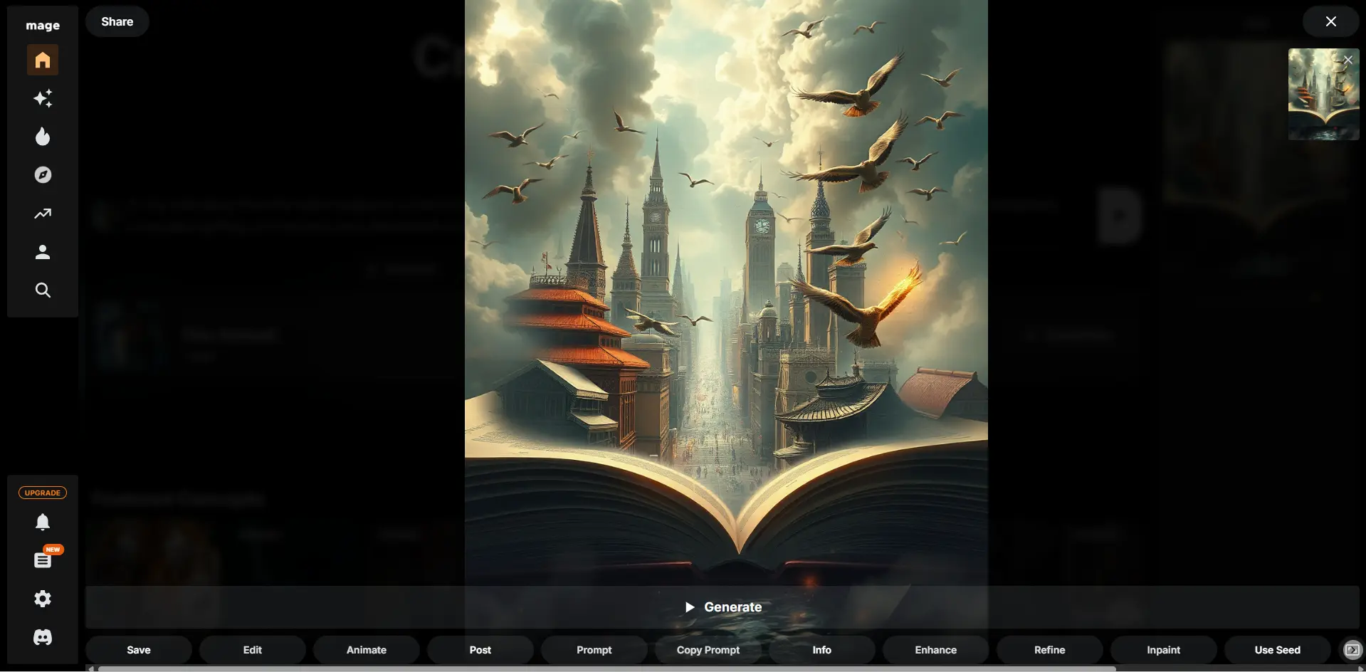 Интерфейс Mage Space с отображением созданной фантазийной иллюстрации