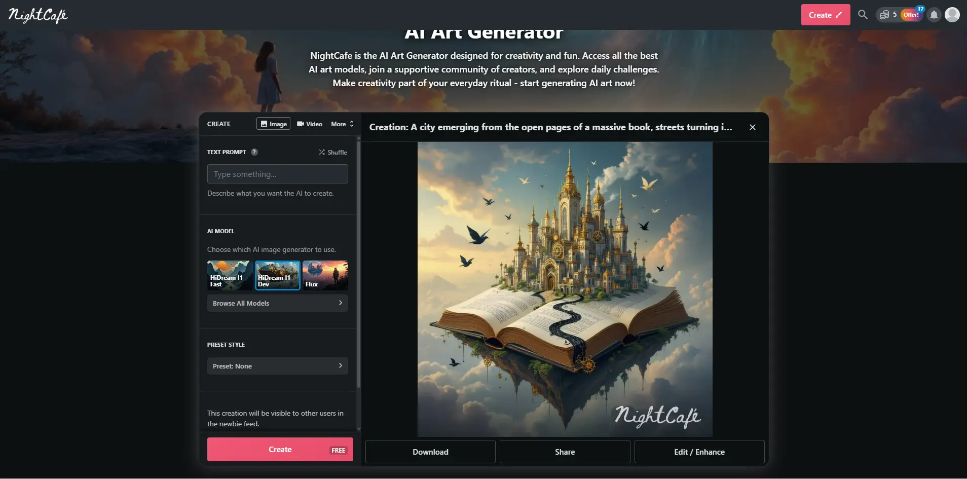 Интерфейс NightCafe с показом сгенерированной художественной сцены