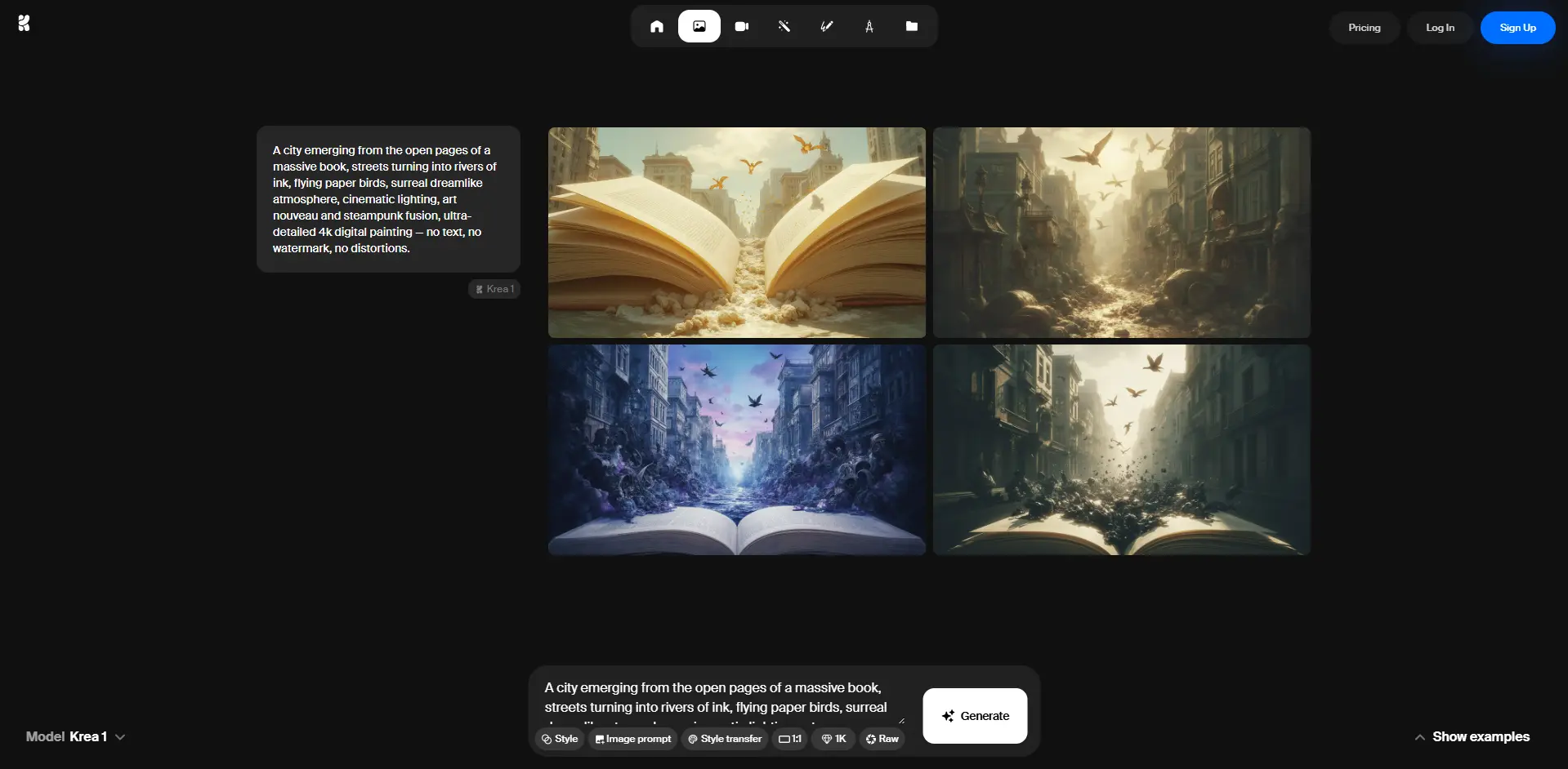 Интерфейс KREA.ai с примерами сгенерированных изображений в разных стилях