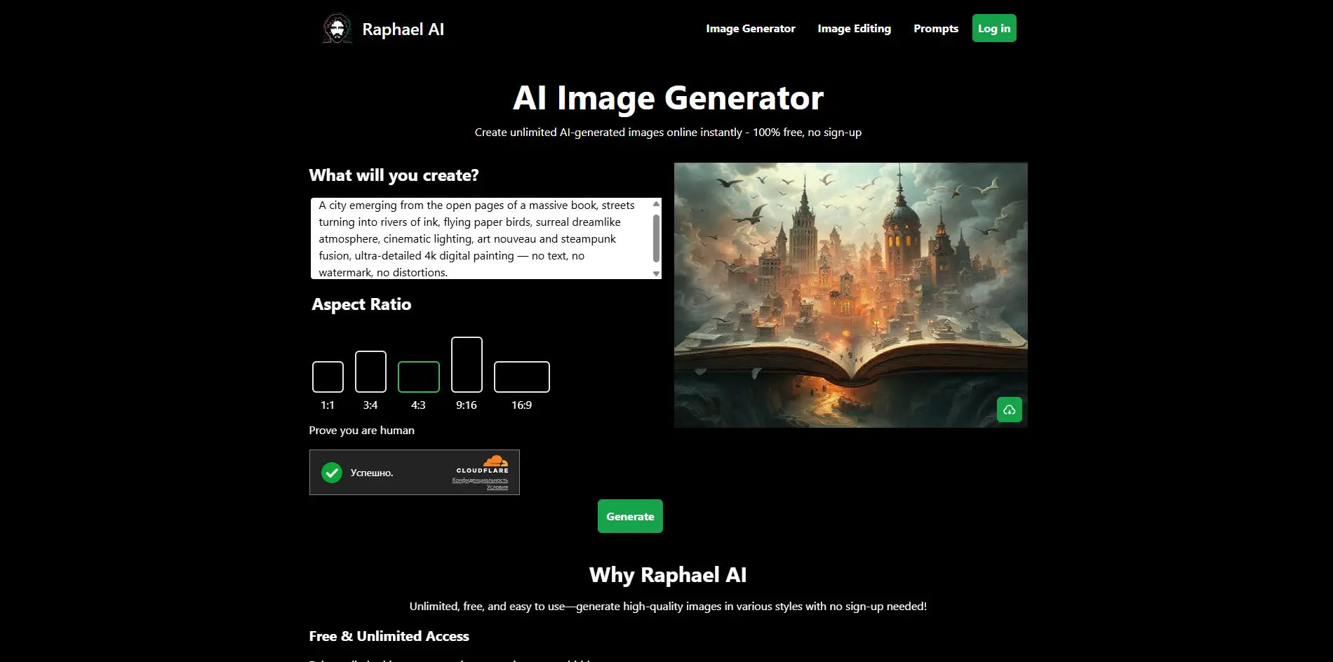 Интерфейс Raphael AI с настройками генерации и предпросмотром изображения