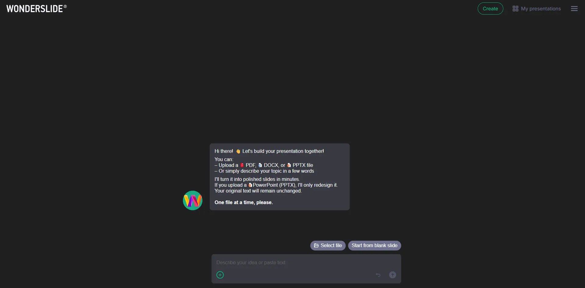 Интерфейс Wonderslide для оформления презентаций с помощью ИИ
