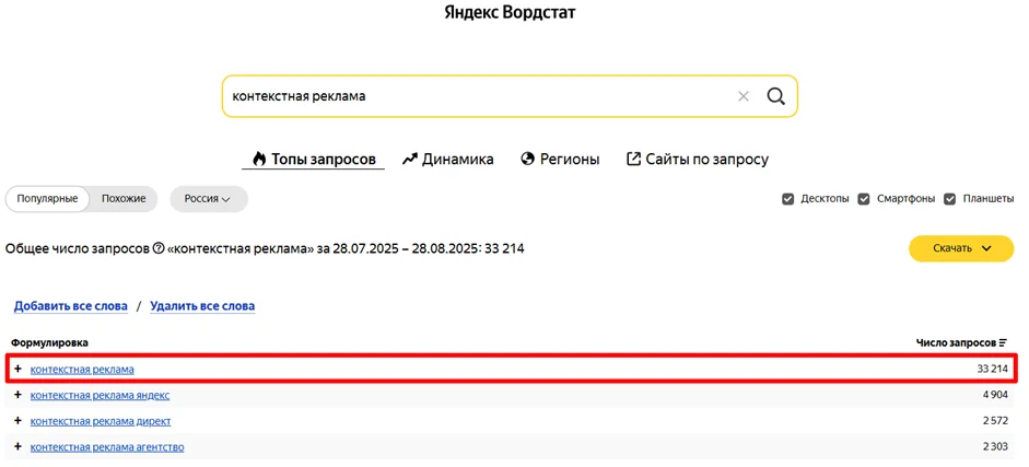 Частота запроса “контекстная реклама” в Яндекс Вордстат