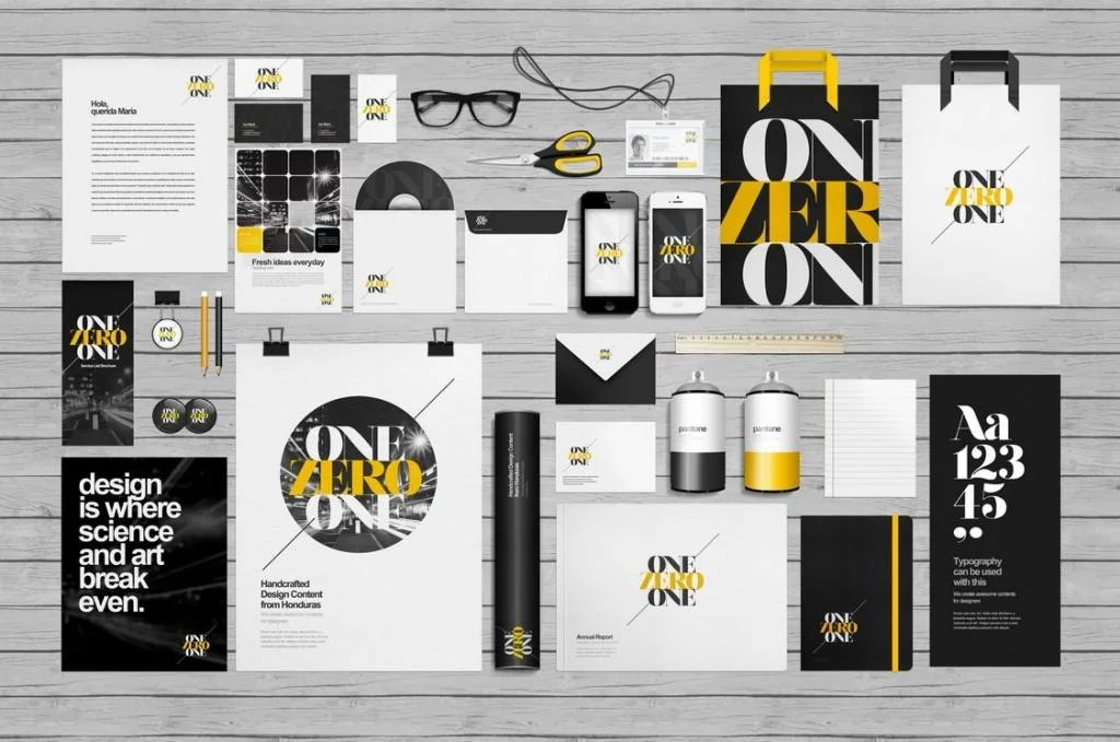 Полный бренд-комплект One Zero One на носителях: от визиток до сумок и упаковки