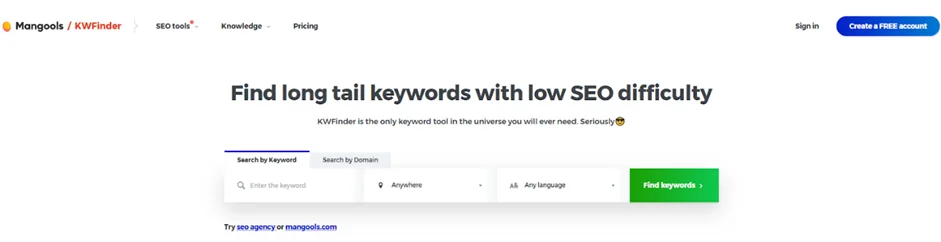 Бесплатный инструмент KWFinder для исследования и анализа ключевых слов