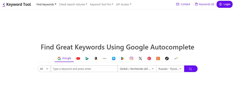 Инструмент Keyword Tool для поиска подсказок из Google, YouTube, Bing, Amazon, eBay, App Store, Play Store, Instagram, X, Pinterest, Etsy, TikTok, Google Trends