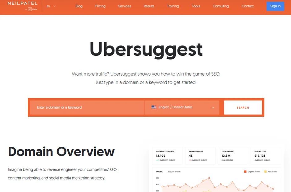 Онлайн-сервис Ubersuggest для подбора ключевых слов