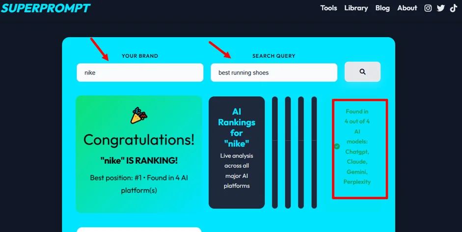 Панель SuperPrompt для анализа включения сайтов в генеративные ответы ChatGPT, Perplexity, Bing, Claude