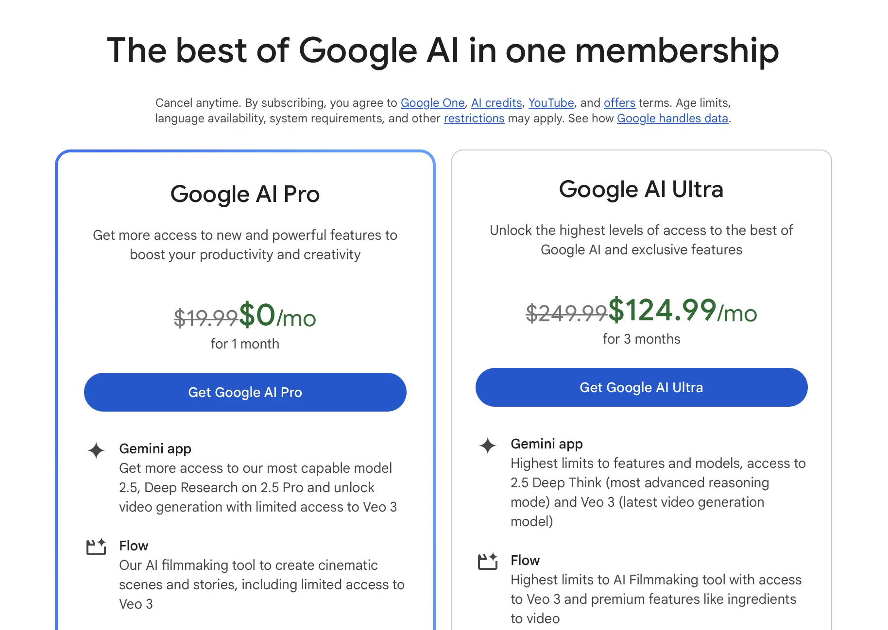 Планы подписки Google AI Pro и Google AI Ultra с ценами и описанием функций