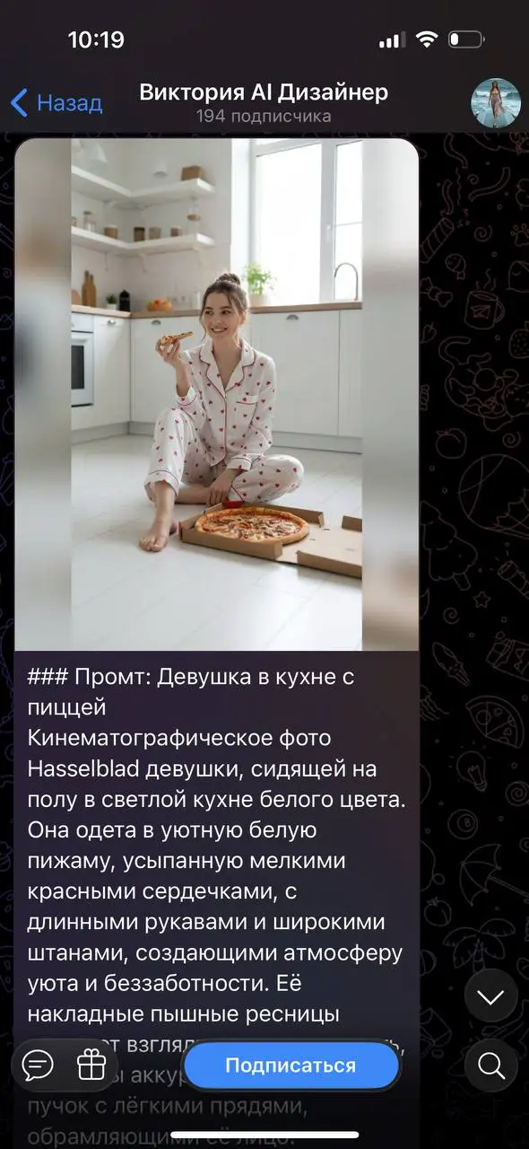 Скриншот примера генерации уютной сцены с девушкой на кухне в светлом интерьере