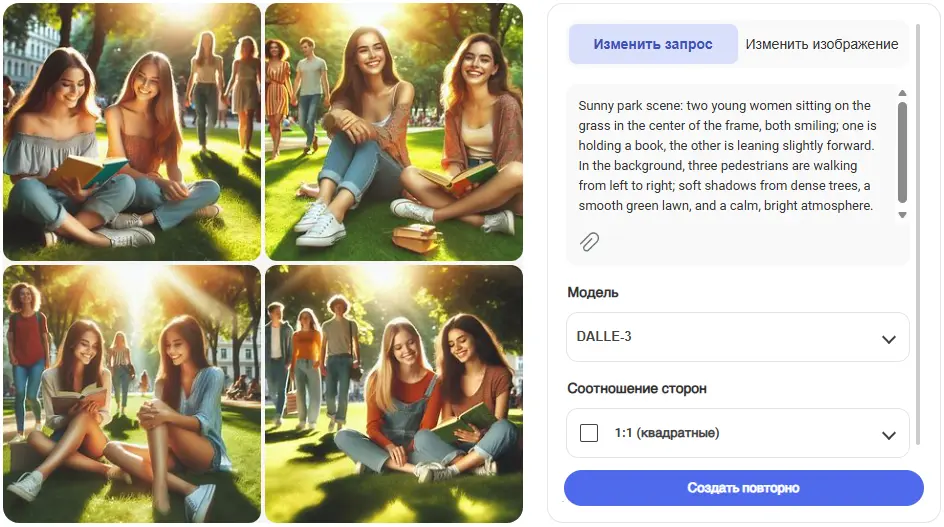 Сгенерированная сцена двух девушек в парке с уточнённым количеством объектов