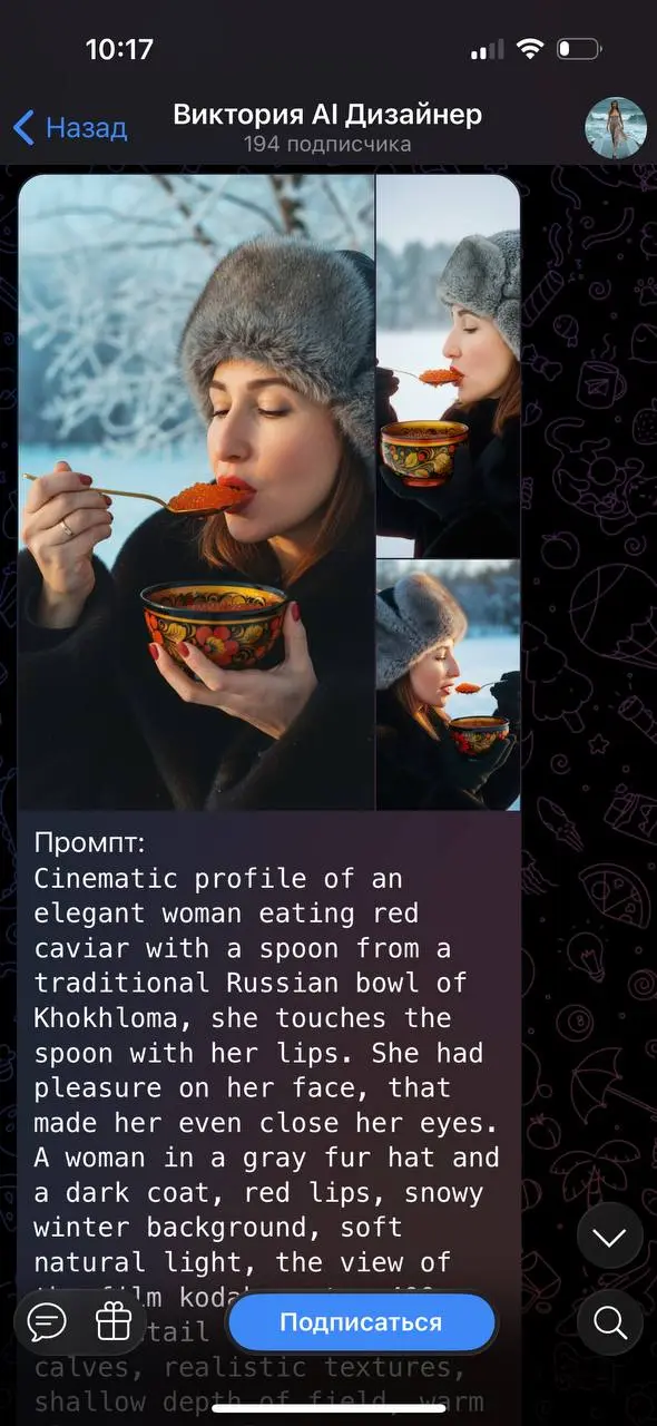 Скриншот примера генерации кинематографичного зимнего портрета в Telegram-канале