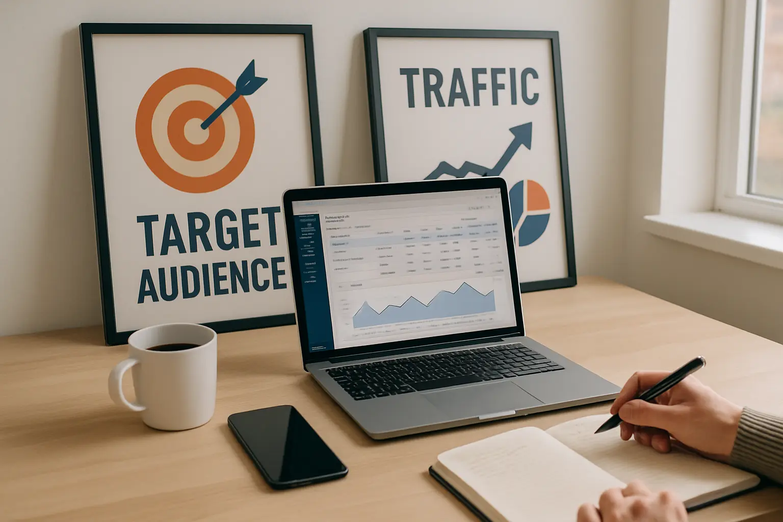 Ноутбук с графиками и постеры «Target Audience» и «Traffic»