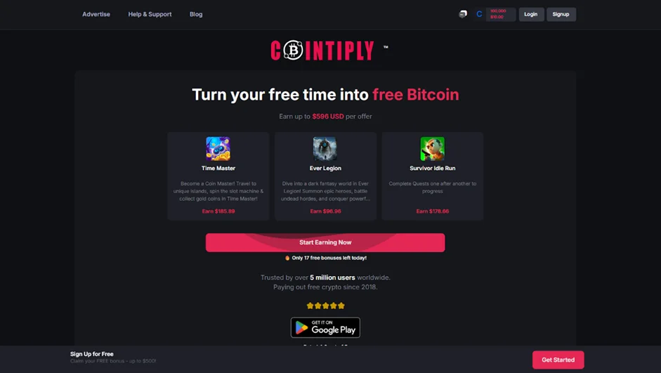 Главная страница криптокрана Cointiply с заданиями для получения биткоина
