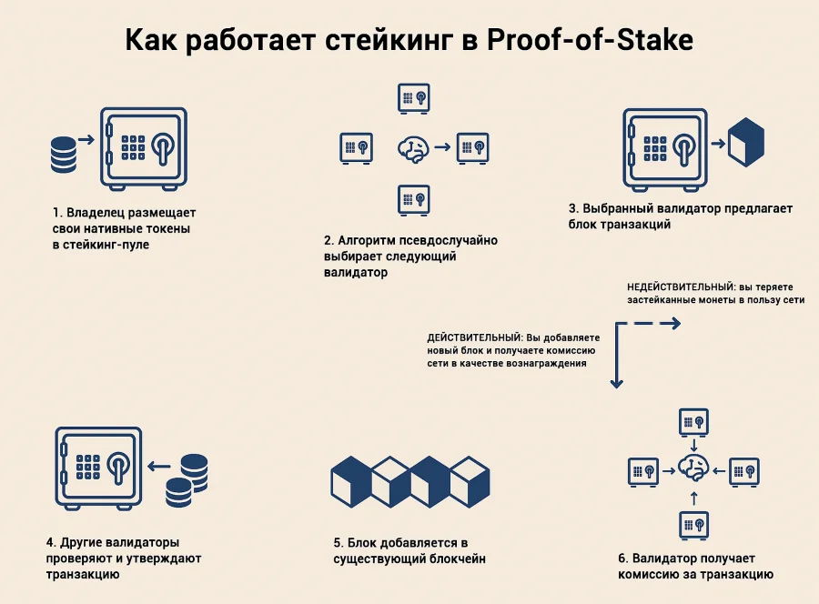Схема работы стейкинга в блокчейне Proof-of-Stake