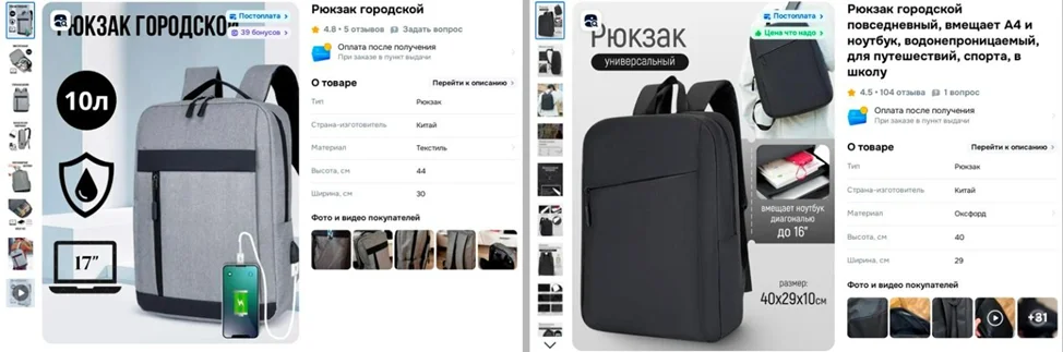 Карточки товаров с городскими рюкзаками на маркетплейсе Ozon
