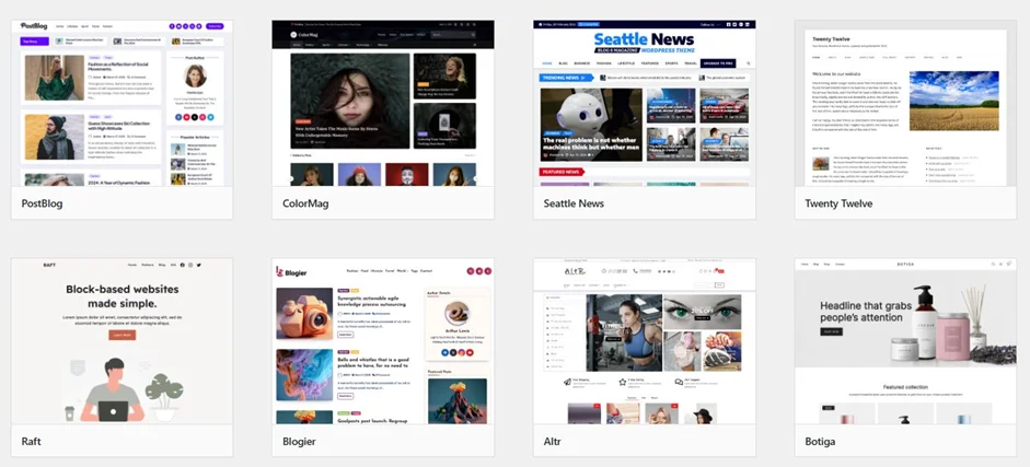 Восемь миниатюр сайтов с названиями PostBlog, ColorMag, Seattle News, Twenty Twelve, Raft, Blogier, Altr, Botiga