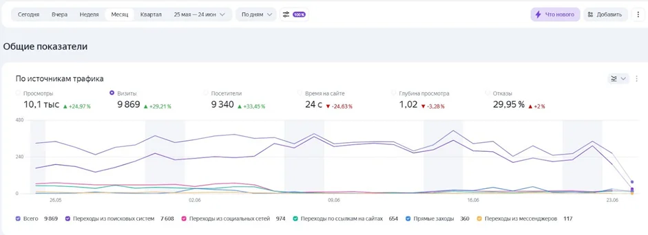 Графики трафика сайта по источникам за месяц, включая поисковики и соцсети