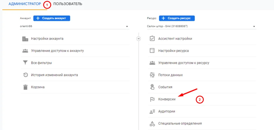 Настройки конверсий сайта в панели администратора Google Analytics