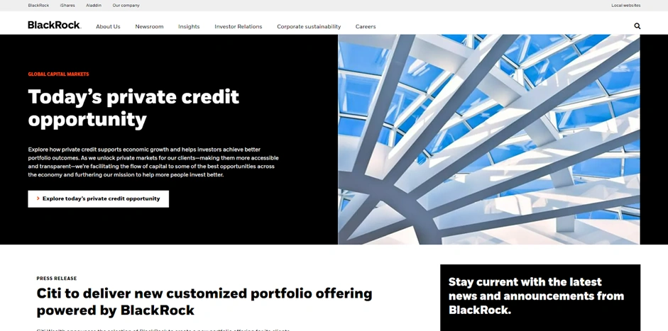 Сайт инвестиционной компании BlackRock с разделом новостей и предложений