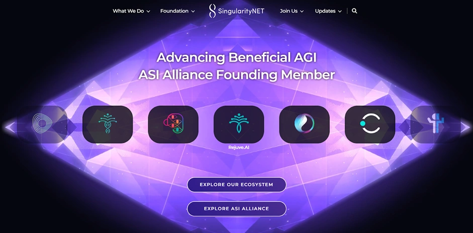Главная страница SingularityNET с логотипами AI-проектов