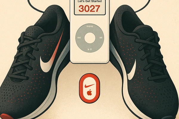 Кроссовки Nike и плеер iPod, иллюстрирующие сотрудничество Nike и Apple в рамках проекта Nike+ iPod.